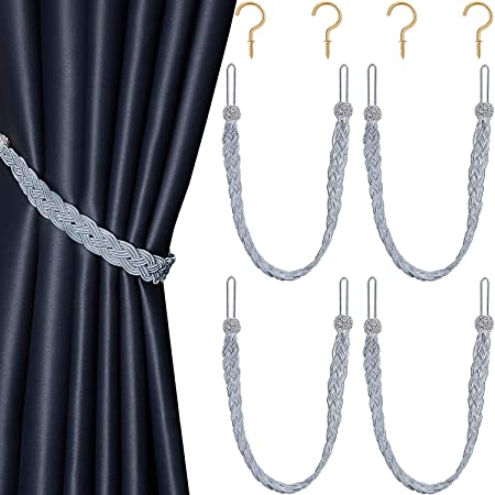 Blulu Braided Curtain Tiebacks Rope Belt Curtain Ties with Hooks Metal Curtain Tieback Hooks for Window Curtain Accessories (8, Grey)