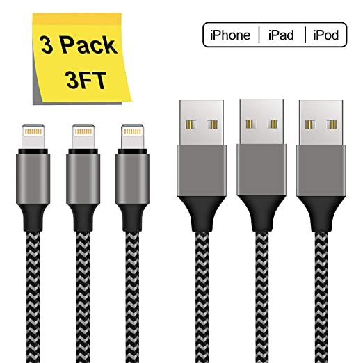 iPhone Charger, 3 Ft Nylon Braided Lightning Cable Fast Charging Cord Compatible with iPhone 11 Pro Max XS XR X 10 8 7 6s 6 Plus 5se iPad and iPod-3Pack