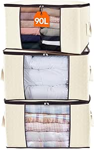 Lifewit Large Capacity Clothes Storage Bag Organizer with Reinforced Handle Thick Fabric for Comforters, Blankets, Bedding, Foldable with Sturdy Zipper, Clear Window, 3 Pack, 90L, Beige