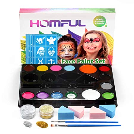 Face Paint Ultimate Party Pack, Face Paint Kit for Kids with 14 Colors, 30 Stencils, 4 Professional Sponges, 2 Brushes, 2 Glitters, Body Makeup Paint Hypoallergenic Water Based Paints for Christmas