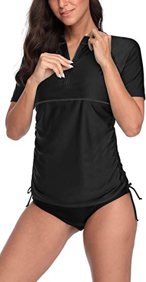 ATTRACO Women Short Sleeve Rash Guard Half-Zip Adjustable Side Drawstring UPF Swim Shirt