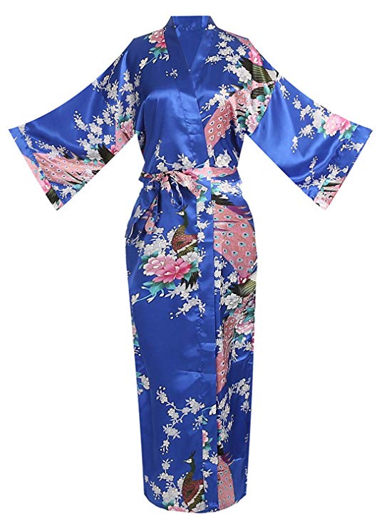 ellenwell Women's Kimono Long Robe - Peacock & Blossoms Long Kimono Robe