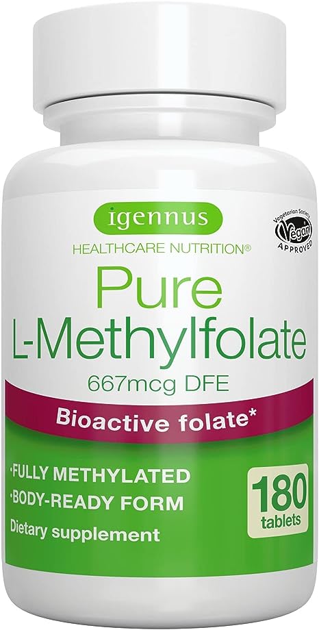 Pure folate 400mcg, 667mcg DFE, Clean Label, 180 Small Tablets, Lab Verified, Vegan & Hypoallergenic, Optimized Methylfolate Supplement for Men & Women, Pregnancy, Mood, & Heart Health, by Igennus