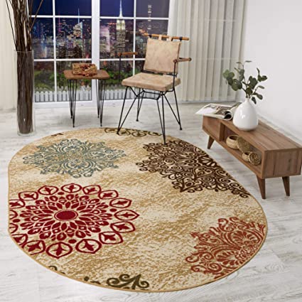 Antep Rugs Alfombras Modern Floral 5x7 Non-Skid (Non-Slip) Low Profile Pile Rubber Backing Indoor Area Rugs (Beige, 5' x 7' Oval)