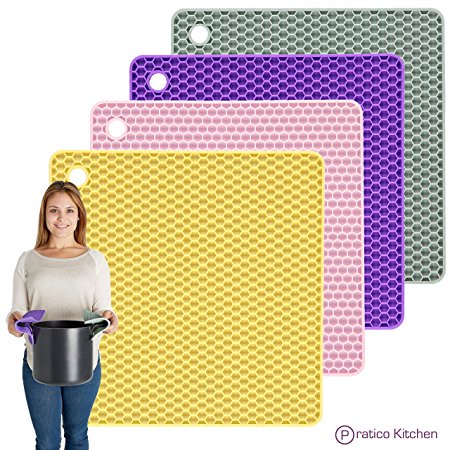PratiPad 4-in-1 Multipurpose Silicone Pot Holders, Trivets, Jar Openers, & Spoon Rests - Set of 4 - Purple/Grey/Yellow/Pink