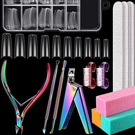 Acrylic Nail Clipper Kit, Included Acrylic Nail Cutter, 100 Pieces Acrylic Nail Tips, Cuticle Nipper, Cuticle Pusher Remover, Nail Tip Clipper, Nail File Buffer Blocks, Nail Brushes (Clear Color)