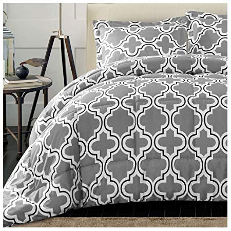 Superior Trellis Comforter Set with Pillow Shams, Luxurious & Soft Microfiber with Down Alternative Fill, Contemporary Geometric Trellis Design - Full/Queen Bedding Set, Grey