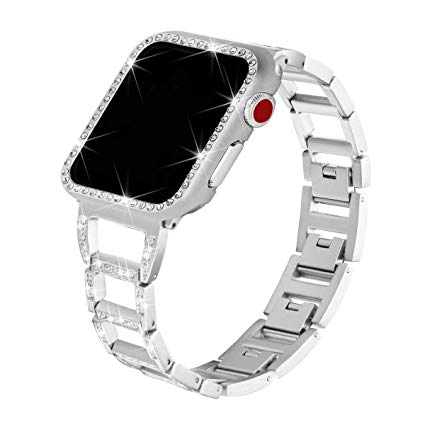 for Apple Watch Bands with Rhinestone Protective Cover, Bling Handiness Replacement Wristband for Apple Watch iWatch Series 3, Series 2, Series 1, Nike  Sport Edition,for Women (Silver, 38mm)