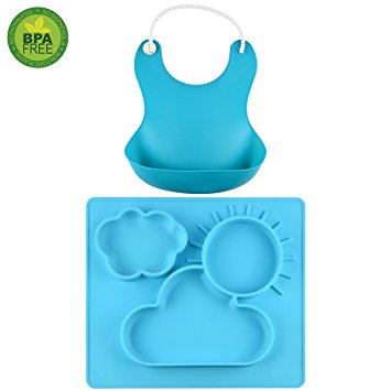 Non-slip Feeding Placemat set - Silicone Kids Placemat - Full Size 13.8X11.8 Inch - BPA free - for Babies, Infants, Toddlers and Kids with Bonus Feeding Bib(blue)