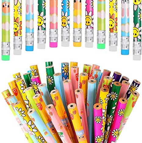 200 Pieces Assorted Colorful Pencils Eraser Tops Pencils Cute School Pencil Set for Office School Children, Cow and Sunflower Patterns Pencil Assortment for Kids