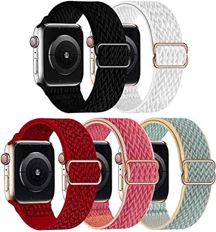 GBPOOT 5 Packs Nylon Stretch Band Compatible with Apple Watch,Adjustable Soft Sport Breathable Loop for Iwatch Series 7/6/5/4/3/2/1/SE,Black/White/Red/Pomegranate/Sunshine,42/44/45mm