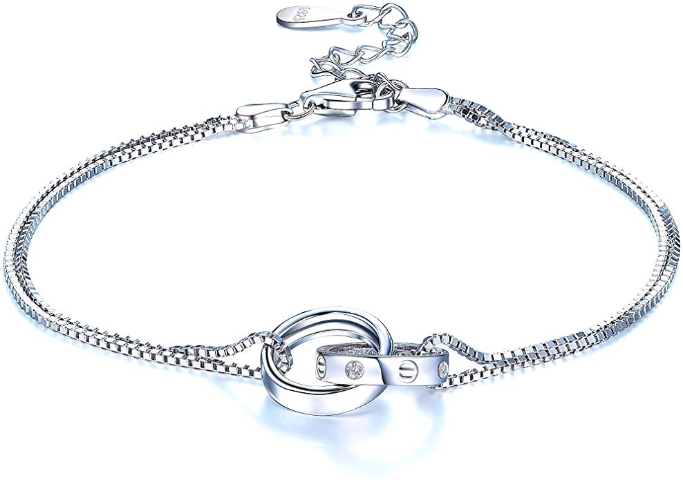 F.ZENI Double Chain Circle Bracelet 925 Sterling Silver Charm Bracelet Interlocking Infinity Bracelets for Women Best Anniversary Birthday Jewellery Gift