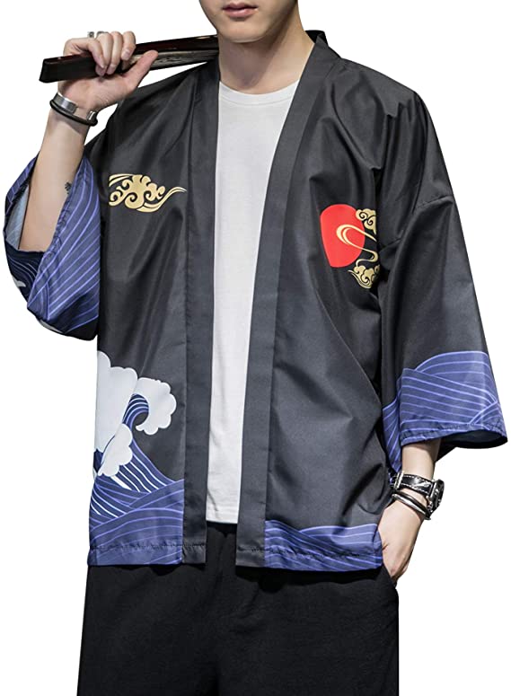 PRIJOUHE Men's Japanese Kimono Cardigan Jackets Casual Long Sleeve Open Front Coat Lightweight Yukata Outwear