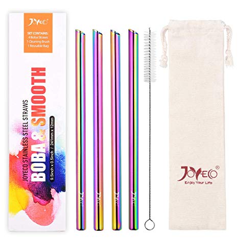 JOYECO Smoothies Straws Reusable Boba Angled-Tip, Stainless Steel Wide Straw Metal, 9.5 inches x 0.5 inches for Bubble Tea, Thick Milkshakes (4 Pce, Rainbow Multi-Colored)