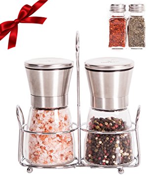 Salt and Pepper Grinder Set with Matching Stand - Adjustable Coarseness Ceramic Mill, Brushed Stainless Steel and Glass Salt & Pepper Mills Plus Extra Salt & Pepper Shakers & Ebook