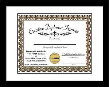 CreativePF [1620bk-w] Satin Black Large Diploma Frame with White Mat Holds 14x17-inch Documents with Glass and Installed Wall Hanger
