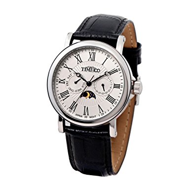 Time100 Men's Moon Phase Waterproof Calendar Genuine Leather Band Luminous Watch #W80035G.01A