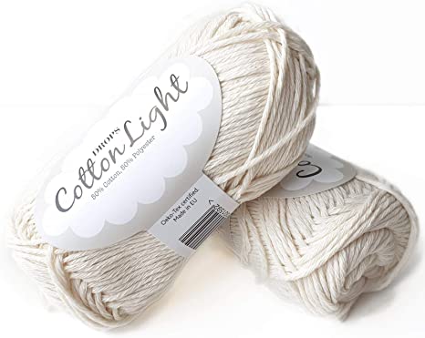 Cotton Blend Yarn for Knitting and Crocheting, 3 or Light, Worsted, DK Weight, Drops Cotton Light, 1.8 oz 115 Yards per Ball (01 Off White)