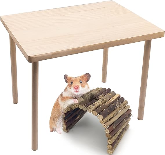 kathson Hamster Wooden Play Platform Pet Stand Platform Natural Wood Pet House Hideouts Hut with Ladder Bridge Chew Toy Cage Accessories for Syria Rat Dwarf Gerbil Chinchilla Guinea Pig (Rectangle)