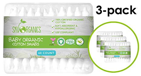 Baby Cotton Swabs (3 packs of 60 ct. Total 180), Organic Fragrance and Chlorine-Free Kids Safety Swabs, 100% Biodegradable Gentle Baby Qtips, Cruelty-Free & Hypoallergenic Children Cotton Buds