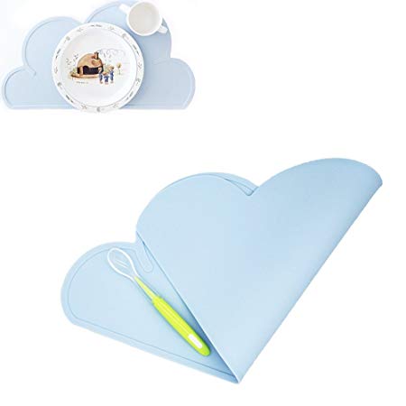 Silicone Baby Placemat - Reusable Travel Placemat for Kids Tiny Diner,Portable Roll up Non Slip Washable Restaurant Food Mat for Child Toddler Infant high Chair Including Silicone Spoon (Light Blue)