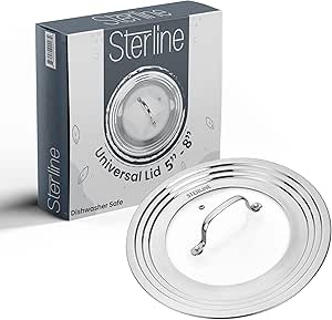 Sterline Small Universal Lid - Fits 5 -8 Inch Cookware - Tempered Glass Top with Steam Vent for Pots, Frying Pan, and Cast Iron Skillets - Stainless Steel Replacement Pot Lid for Kitchen Organizing, Space Saving