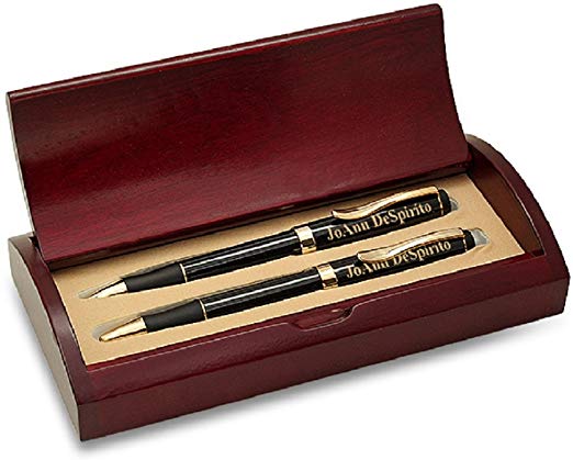 Executive Gift Shoppe | Personalized Executive Pen & Pencil Set | Black Lacquer Ballpoint Pen & Mechanical Pencil | Free Custom Engraving | Perfect Business Gift | Rosewood Presentation Box
