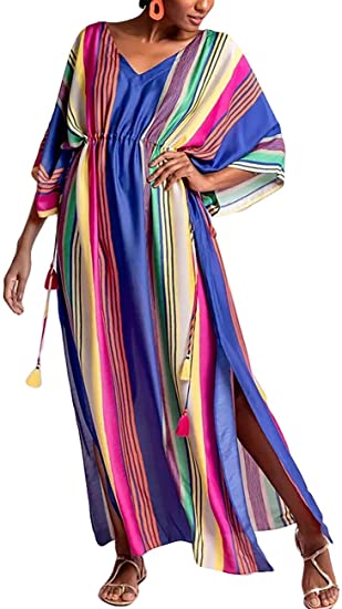 Bsubseach Women's Print Turkish Kaftan Beachwear Bikini Cover Up Maxi Dress