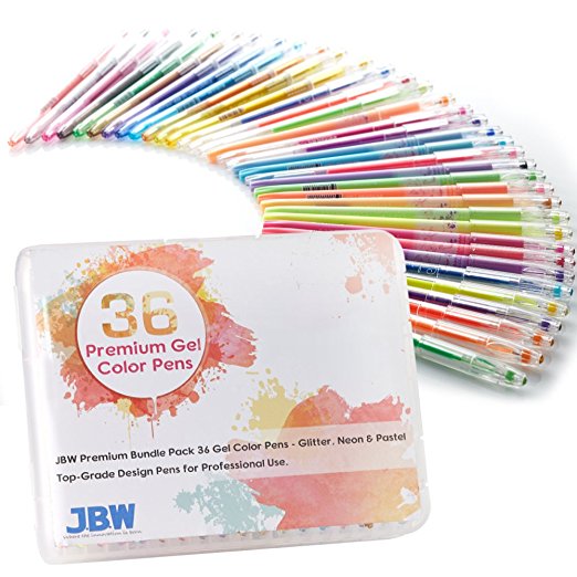 Color Gel Pens, J.B.W. Premium Quality Professional Bundle Pack Gel including Glitter Neon & Pastel for Scrapbooks, Greeting Cards Party Invites Pack of 36 0.8-1.0mm Fine Point