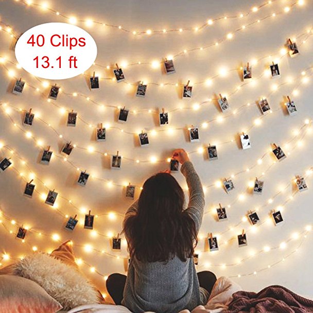 String Lights for Bedroom With Photo Clips, Battery Operated 40 LED Photo Clips 13.1ft, Warm white Lights Wedding Party Christmas Propose Indoor for Hanging Photos, Memos and Artwork
