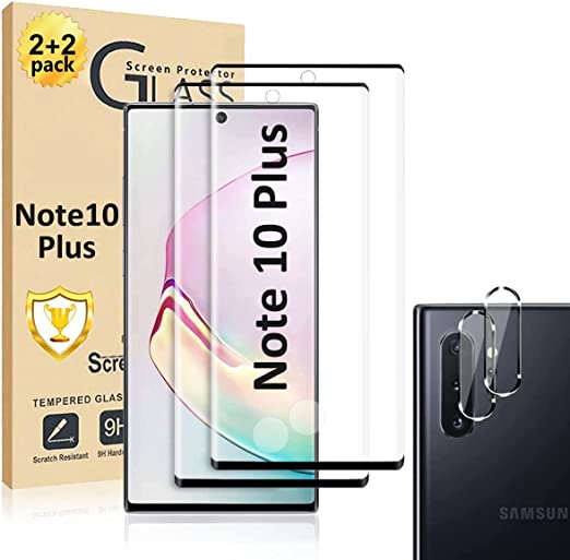 Galaxy Note 10  Plus Screen Protector 【2 2 Pack】With Camera Lens Protector [ 3D Glass ] Compatible Fingerprint 9H Hardness Tempered Glass Screen Protector for Samsung Galaxy Note 10 Plus