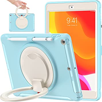 BATYUE iPad 8th/ 7th Generation Case (iPad 10.2 Case 2020/2019) with Screen Protector, [Full-Body] [Shock Proof] Rugged Case with 360° Swivel Stand/Pencil Holder/Pencil Cap Holder (Frozen Blue)