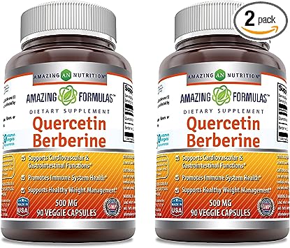 Amazing Nutrition Formulas Quercetin Berberine - 250mg Berberine and 250mg Quercetin, 90 Veggie Capsules Supplement | Non-GMO | Gluten Free | Made in USA | Ideal for Vegetarians (2 Pack), 1.0 Count