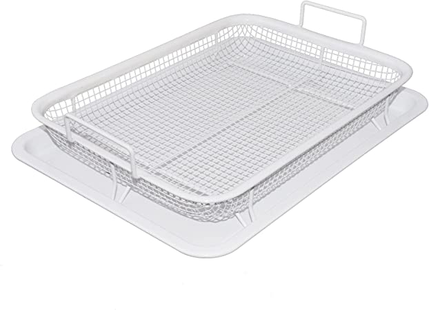 Eyourlife 2 Piece White Air Fryer Basket for Oven, Crisper Tray and Basket 13 x 8.6 Inch, Oven Air Fry Pan Mesh Basket Set, Crisper Oven Tray for French Fry/Frozen Food(White)