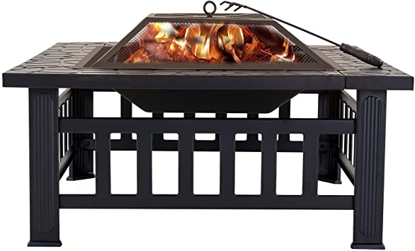 Careland Outdoor Wood Burning Fire Pit Table, 32 Inch Metal Square Backyard Patio Firepit Table with Spark Screen Cover Safe Mesh Lid and Poker for Warmth/BBQ or Cooler