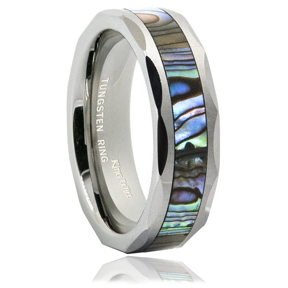 King Will 6mm Silver Tungsten Carbide Ring Unisex Wedding Band Abalone Shell Inlay Faceted Edges