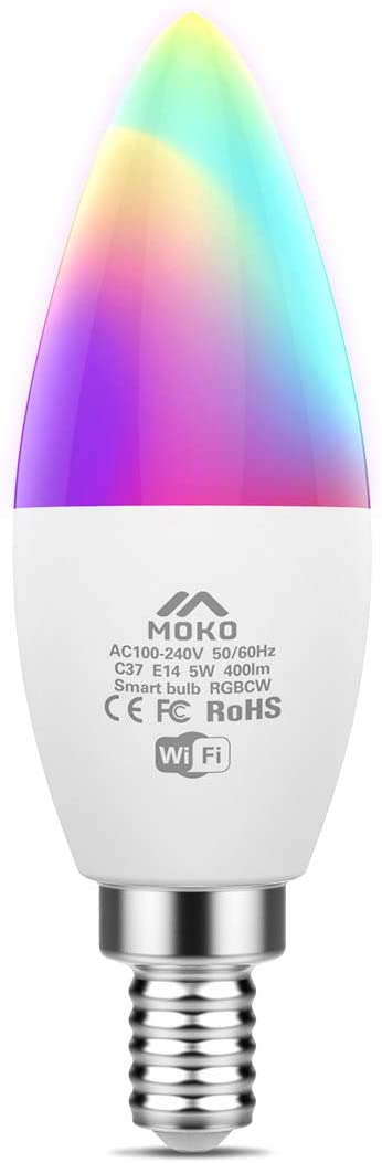 MoKo Smart WiFi LED Light Bulb, 5W E14 Dimmable Candle Bulb Compatible with SmartThings/Alexa Echo/Google Home, Voice/APP Control,RGB   Cool White   Warm White, Timer, No Hub, Only 2.4GHz