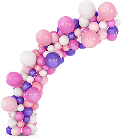 TUR Party Supplies Balloon Garland Kit with 120 Pink, Hot Pink, Light Pink, and Purple Small Medium Large Balloons, 16' Garland, 100 Glue Dots, Tying Tool, Birthday, Baby Shower, Party Decoration