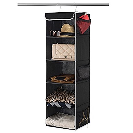 Zober 5-Shelf Hanging Closet Organizer - 6 Side Mesh Pockets Breathable Polypropylene Hanging Shelves - for Clothes Storage and Accessories, (Black) 12" x 11 ½ " x 42"