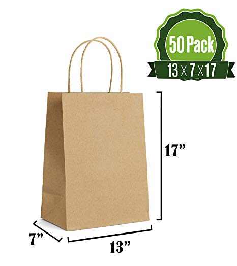 Brown Kraft Paper Gift Bags Bulk with Handles 13 X 7 X 17 [50Pc]. Ideal for Shopping, Packaging, Retail, Party, Craft, Gifts, Wedding, Recycled, Business, Goody and Merchandise Bag