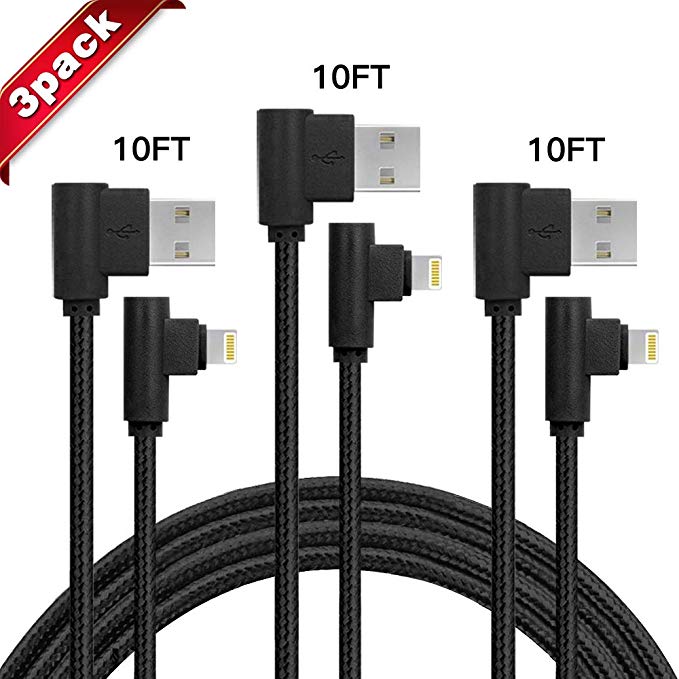 90 Degree iPhone Charger 3 Pack 10FT USB Lightning Cable Charging Cord Compatible with iPhone XR XS Max X 8 8 Plus 7 7 Plus 6 6s Plus SE 5 5s 5c iPad iPod (Black, 10FT)