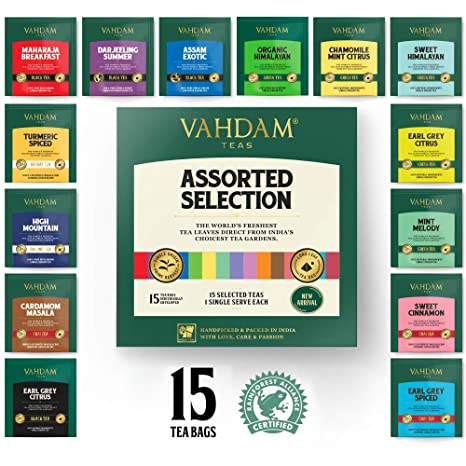 Vahdam Tea Assortment | 15 Teas, 1 Pyramid Tea Bags Each | Best of Green Tea, Oolong Tea, White Tea, Black Tea, Herbal Tea & Chai Tea|15 Tea Bags Bag, 30 g