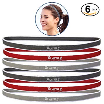 Athlé Skinny Sports Headbands 6 Pack - Men’s and Women’s Elastic Hair Bands With Non Slip Silicone Grip - Lightweight And Comfortable Sweatbands Keep You Cool and Dry