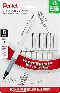 Pentel Floatune Rollerball, 0.8mm medium point, Black Ink, Pack of 8 pens (BY108PF8A)