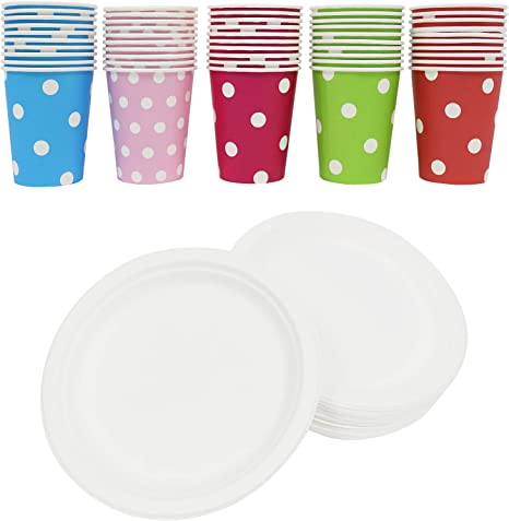BeGrit 9 Inch Paper Plate, Disposable Plate, White Paper Plate, Heavy-Duty Eco-Friendly Bagasse Plate with 9oz Colorful Paper Cup Party Supplies for 25 Guests