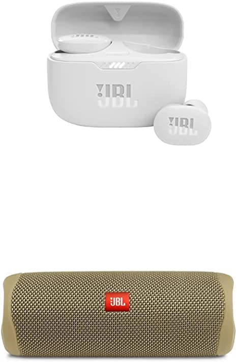 JBL Tune 130NC TWS True Wireless in-Ear Noise Cancelling Headphones - White   JBL FLIP 5, Waterproof Portable Bluetooth Speaker, Sand