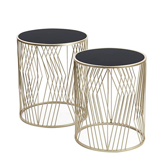 Adeco Decorative Nesting Round Side End Accent Table Plant Stand Chair for Bedroom, Living Room and Patio, Set of 2 (Champagne Silver, Black Glass)