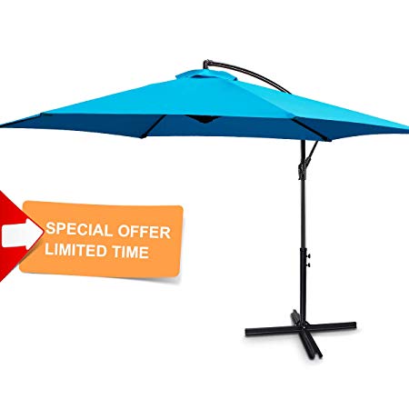 FRUITEAM 10-ft Offset Hanging Umbrellas, Outdoor Patio Garden Umbrellas Market Umbrella with Crank & Cross Base, Waterproof UV Protection Offset Cantilever Umbrella, Blue