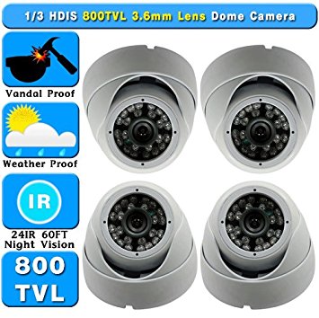 1/3" CMOS 800TVL 3.6mm 24IR Night Vision Vandal/weather Proof Dome Security CCTV Camera 4 Camera Package