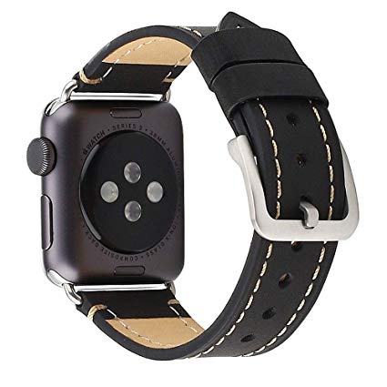 Mkeke Compatible with Apple Watch Band 38mm Genuine Leather iWatch Bands Vintage Black